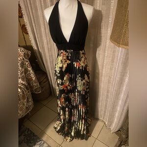 Betsey and And Floral Pleated Halter  Maxi Dress - Black and Multicolor
